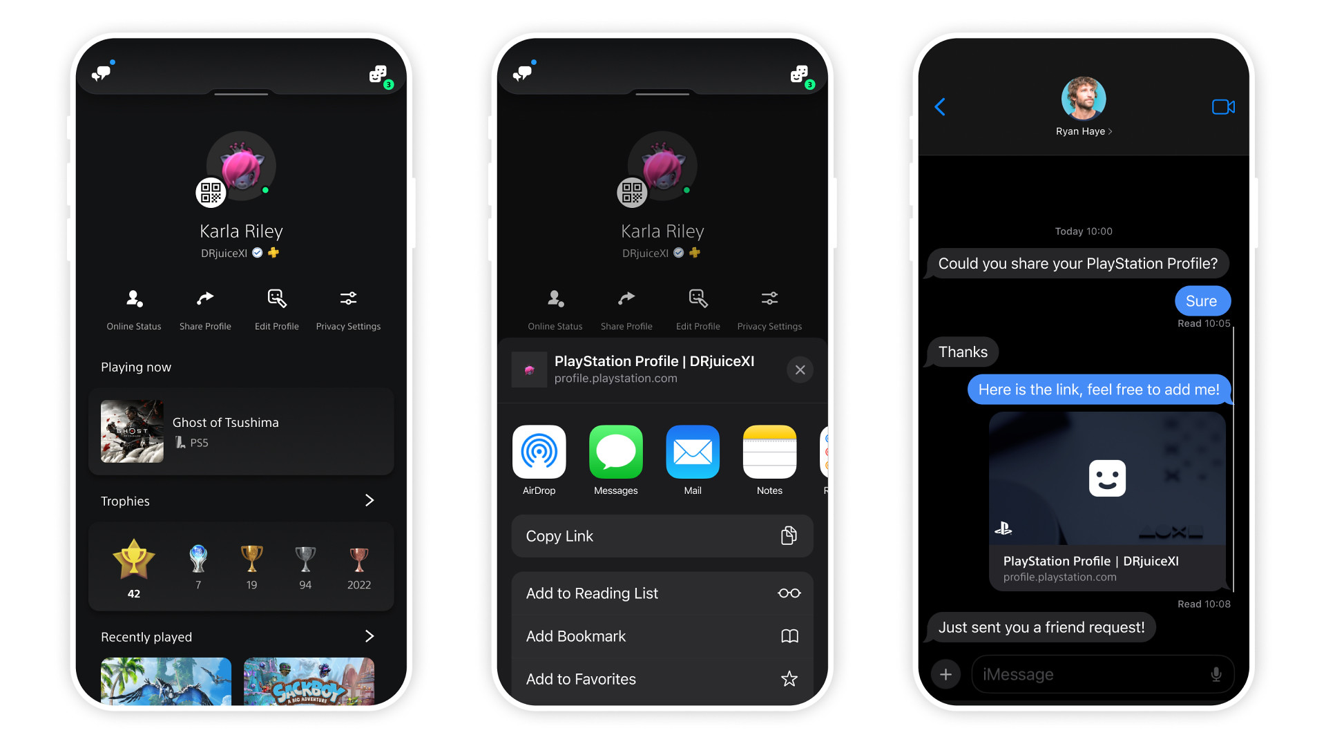 three side-by-side images showing the Profile Share function on a mobile device