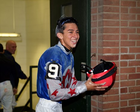 Jockey Jose Antonio Gomez records his first career victory aboard Top Gun Tommy in Race 6 on October 28, 2021 at Belmont Park. Jockey Jose Antonio Gomez records his first career victory aboard Top Gun Tommy in Race 6 on October 28, 2021 at Belmont Park.