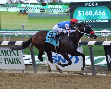 Jockey Jose Antonio Gomez records his first career victory aboard Top Gun Tommy in Race 6 on October 28, 2021 at Belmont Park. Jockey Jose Antonio Gomez records his first career victory aboard Top Gun Tommy in Race 6 on October 28, 2021 at Belmont Park.