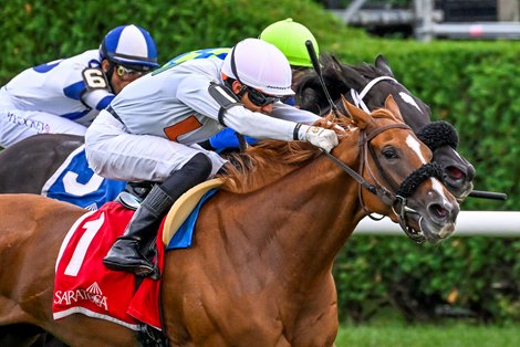 Golden Rocket ridden by jockey Jose Gomez rockets past the competition to win the 20th running of The New York Stallion Series “Statue of Liberty Division at the Saratoga Race Course Wednesday Aug, 17 2022 in Saratoga Springs N.Y. Golden Rocket ridden by jockey Jose Gomez rockets past the competition to win the 20th running of The New York Stallion Series “Statue of Liberty Division at the Saratoga Race Course Wednesday Aug, 17 2022 in Saratoga Springs N.Y.