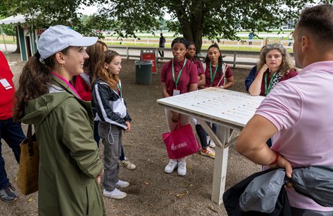 Annise Montplaisir speaks to a group of youngsters in the barn area of the Saratoga Race Course Thursday July 27, 2023 in Saratoga Springs, N.Y. Photo Special to the Times Union by Skip Dickstein Annise Montplaisir speaks to a group of youngsters in the barn area of the Saratoga Race Course Thursday July 27, 2023 in Saratoga Springs, N.Y. Photo Special to the Times Union by Skip Dickstein