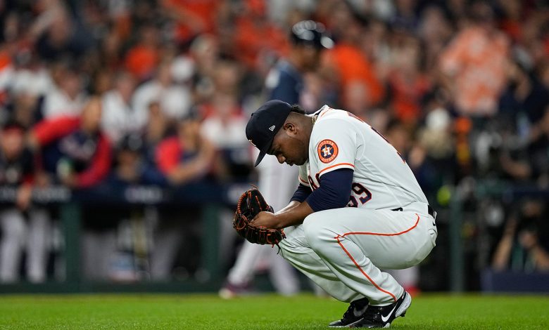 Houston Astros' Framber Valdez reacts after loading the bases during the second inning.