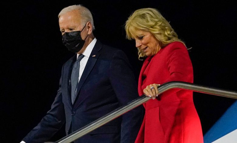 President Joe Biden and first lady Jill Biden arrive at Rome-Fiumicino International Airport on October 29.
