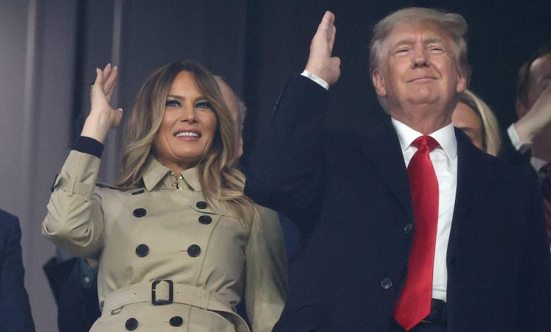 Former first lady Melania Trump and President of the United States Donald Trump do "the chop" prior to Game Four of the World Series on October 30 in Atlanta.
