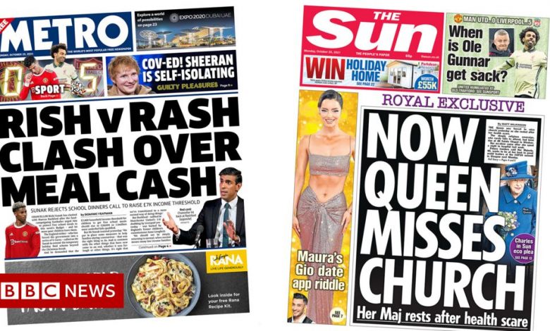 The papers: Free school meals 'clash' and Queen misses church
