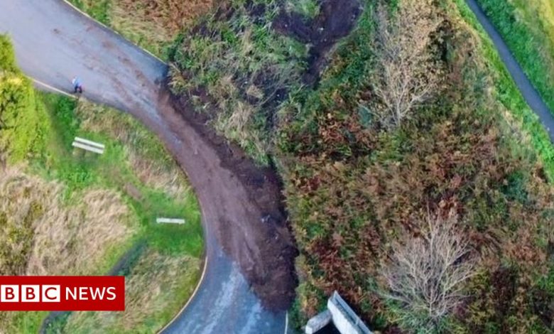 Landslide wrecks Nefyn, Gwynedd, road after heavy rain