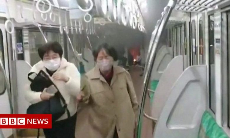 Tokyo knife and arson attack: The moment train passengers flee