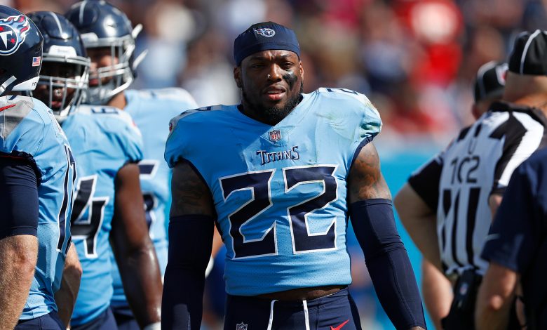 Tennessee Titans running back Derrick Henry takes a break in the first half of an NFL football game against the Kansas City Chiefs on Sunday, in Nashville.