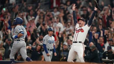 Atlanta Braves relief pitcher Will Smith celebrates after the Braves won Game 6 of the NLCS against the Los Angeles Dodgers on Sunday in Atlanta to move into the World Series.