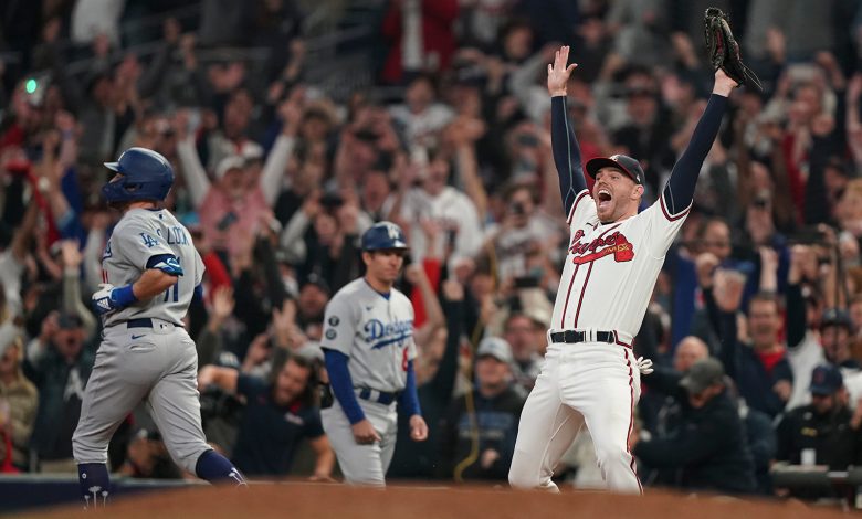Atlanta Braves relief pitcher Will Smith celebrates after the Braves won Game 6 of the NLCS against the Los Angeles Dodgers on Sunday in Atlanta to move into the World Series.