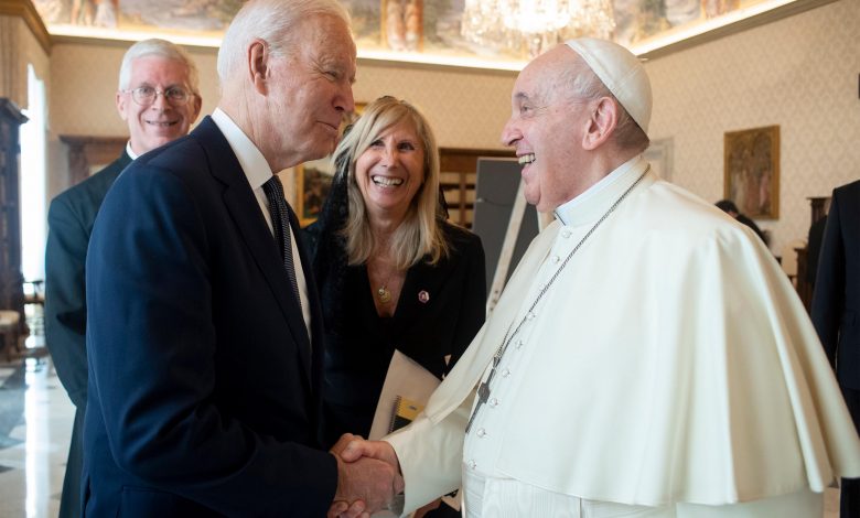 US President Joe Biden, left, meets with Pope Francis at the Vatican on Friday, October 29.