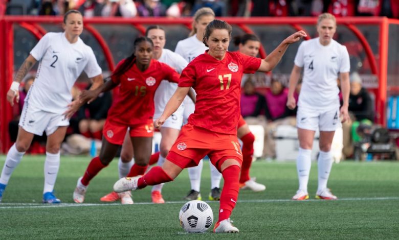 Canada’s Jessie Fleming scores on a penalty shot in the first half during Celebration tour action against New Zealand, in Ottawa, Saturday, Oct. 23, 2021. THE CANADIAN PRESS/Adrian Wyld