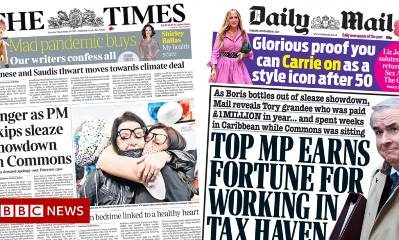 Newspaper headlines: PM skips 'sleaze showdown' and MP's tax haven job