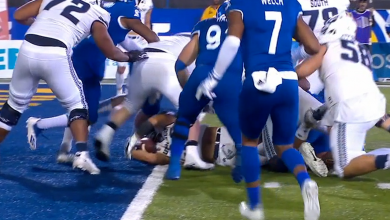 Elelyon Noa lays out into the end zone for a three-yard TD to give Utah State the lead against San Jose State, 21-14