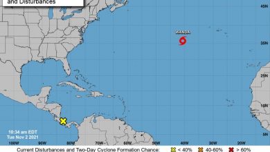 Tropical Storm Wanda is located far out in the Atlantic Ocean and poses no threat to land, forecasters said. Another disturbance (the yellow x) is located near Central America, but isn't expected to develop into a named system.