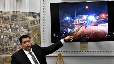 James Armstrong of the State Crime Lab points to drone video he digitally enlarged during Kyle Rittenhouse's trial at the Kenosha County Courthouse on Nov. 9, 2021, in Kenosha, Wisconsin.