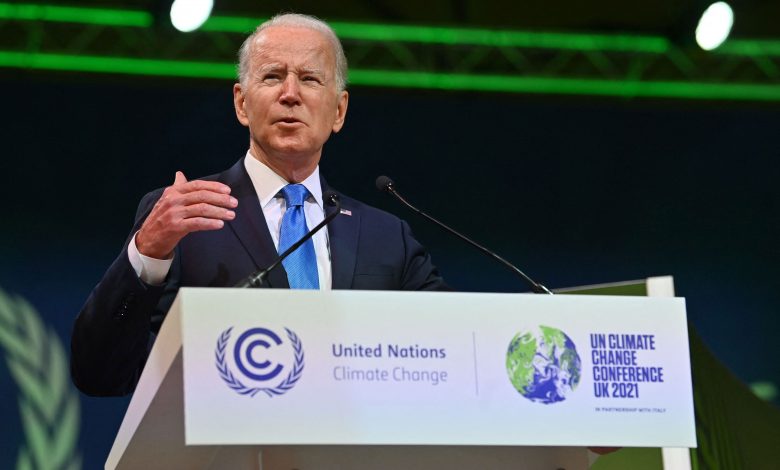 US President Joe Biden speaks at COP26 in Glasgow, Scotland, on November 2.