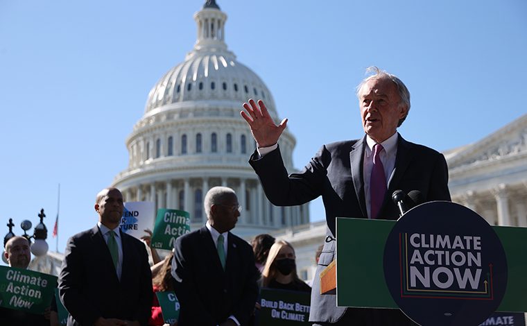 Sen. Edward Markey (D-MA) speaks during a rally to highlight the efforts of Congressional Democrats to legislate against climate change outside the U.S. Capitol on October 20, 2021 in Washington, DC. Organized by the League of Conservation Voters, the event hosted Democratic members of both the House of Representatives and the Senate.