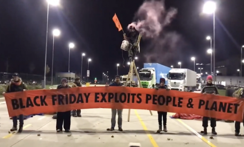 Extinction Rebellion (XR) activists have blocked more than a dozen Amazon depots across the UK as Black Friday protests cause severe disruption for drivers.