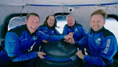 This photo provided by Blue Origin shows Blue Origin's New Shepard rocket space passengers from left, Glen de Vries, Audrey Powers, William Shatner, and Chris Boshuizen pose inside the capsule on Wednesday, Oct. 13, 2021.  The “Star Trek” actor and three fellow passengers hurtled to an altitude of 66.5 miles (107 kilometers) over the West Texas desert in the fully automated capsule, then safely parachuted back to Earth in a flight that lasted just over 10 minutes.  (Blue Origin via AP) ORG XMIT: NY750