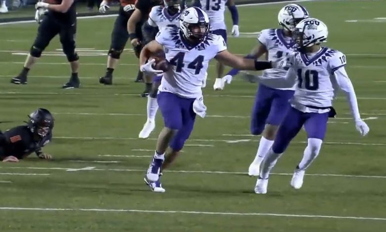 Colt Ellison scoops and scores on a costly Oklahoma State fumble, TCU trails, 17-49