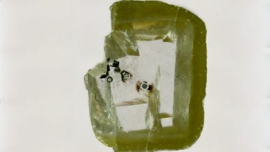 A diamond holds a small piece of the newly unearthed mineral, Davemaoite.