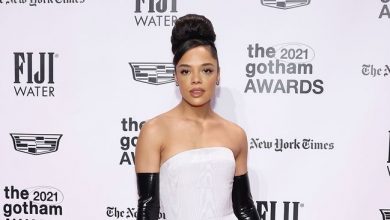 Tessa Thompson Wounded elbow gloves for the Gotham Awards