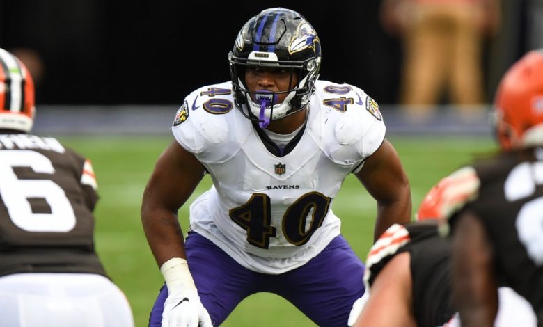 Baltimore Ravens linebacker Malik Harrison (40) plays in the second half during an NFL football game against the Cleveland Browns, Sunday, Sept. 13, 2020, in Baltimore. (AP Photo/Terrance Williams, File)