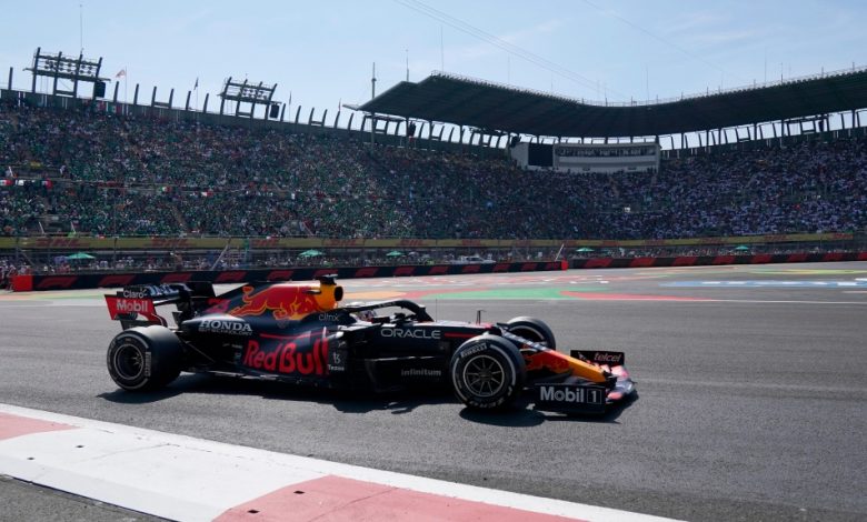 Red Bull driver Max Verstappen, of The Netherlands, drives his car during the Formula One Mexico Grand Prix auto race at the Hermanos Rodriguez racetrack in Mexico City, Sunday, Nov. 7, 2021. (AP Photo/Eduardo Verdugo)