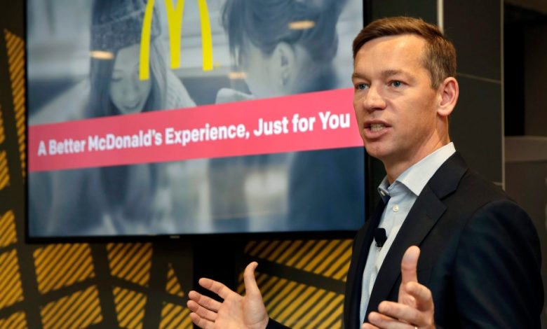In this Nov. 17, 2016, photo, McDonald's President Chris Kempczinski speaks during a presentation at a McDonald's restaurant in New York. (AP Photo/Richard Drew)