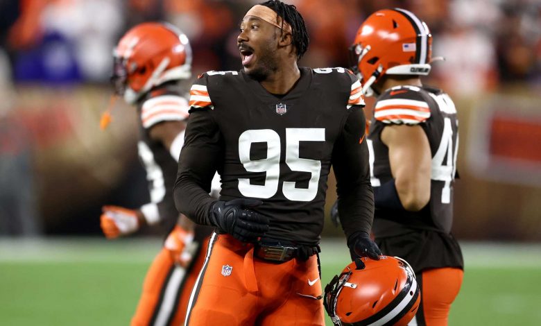 Myles Garrett throws the ball at the Browns coaches after the big loss to the Patriots