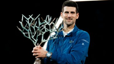 Serbia's Novak Djokovic holds his trophy after defeating Russia's Daniil Medvedev in the final match of the Paris Masters tennis tournament at the Accor Arena in Paris, Sunday, Nov.7, 2021. Djokovic won 4-6, 6-3, 6-3. (AP Photo/Thibault Camus)