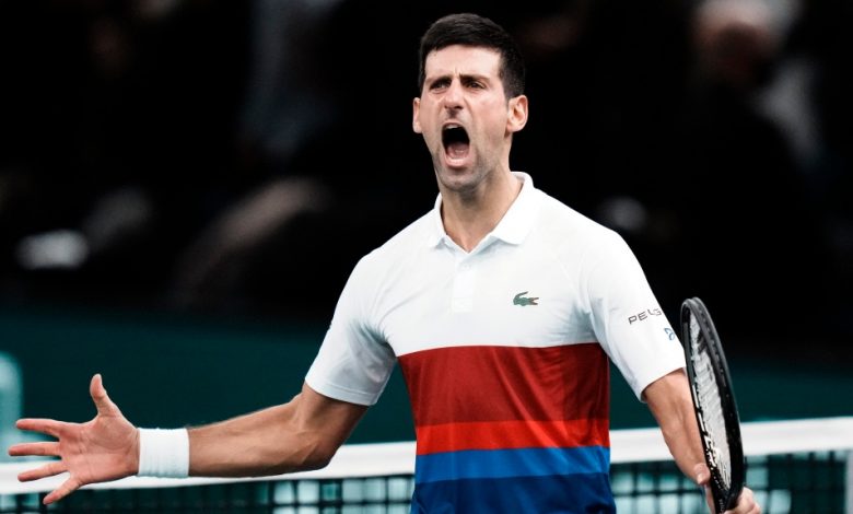 Novak Djokovic celebrates his win over Hubert Hurkacz after their semifinal match at the Paris Masters at the Accor Arena in Paris, France, Nov. 6, 2021. (AP Photo/Thibault Camus)