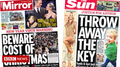 Newspaper headlines: 'Watch out for Christmas' and 'justice for Arthur'