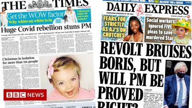 Newspaper headline: Tory uprising leaves PM isolated and 1m facing carnival