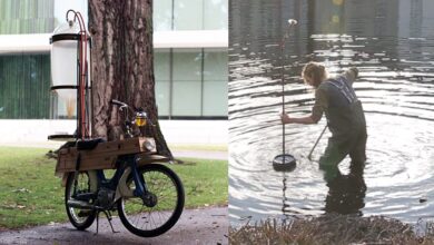 The Dutch artist's homemade motorcycle runs on swamp gasoline that he collects himself
