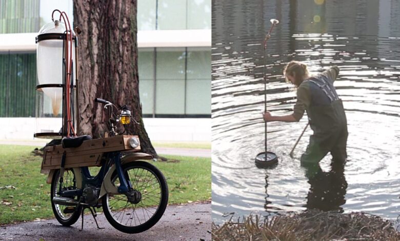 The Dutch artist's homemade motorcycle runs on swamp gasoline that he collects himself