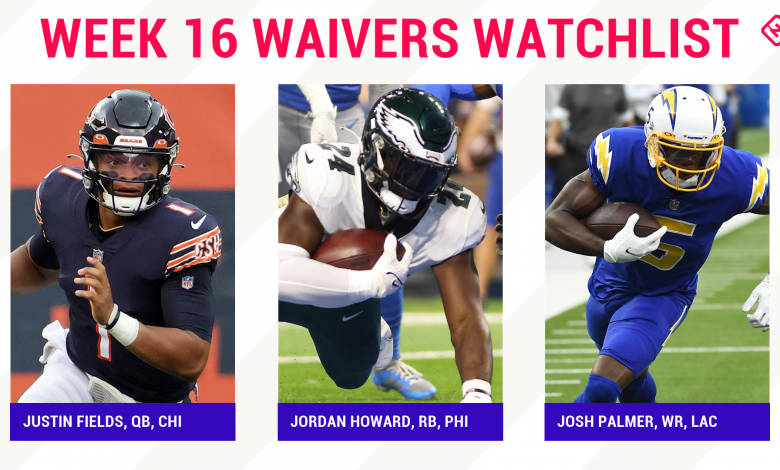 Fantasy Football Waiver Wire Watchlist for Week 16: Streaming targets, free agent sleepers include Justin Fields, Jordan Howard, Josh Palmer