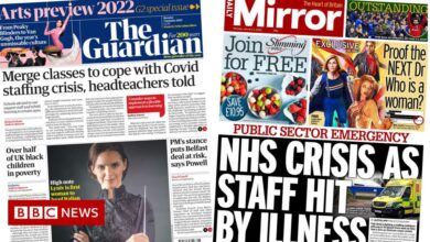 Newspaper headline: 'Backlash' to face masks in schools and NHS staffing 'crisis'