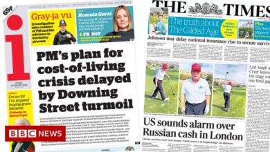 Newspaper headline: 'Cost of living delayed by Downing Street chaos'