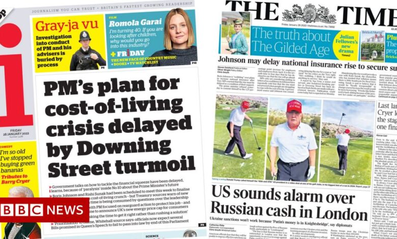 Newspaper headline: 'Cost of living delayed by Downing Street chaos'