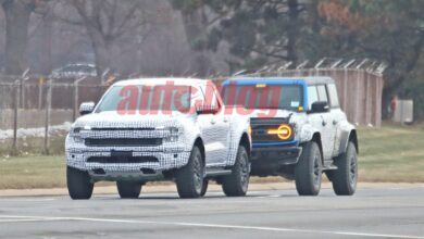 Ford Ranger Raptor spotted with less camo next to a Bronco Raptor
