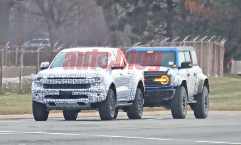 Ford Ranger Raptor spotted with less camo next to a Bronco Raptor