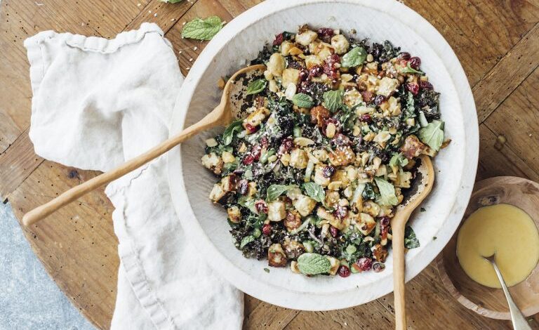 This chopped kale salad with cranberries is all about deep-fried tofu