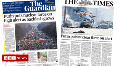 Newspaper headline: Putin raises nuclear threat as backlash grows