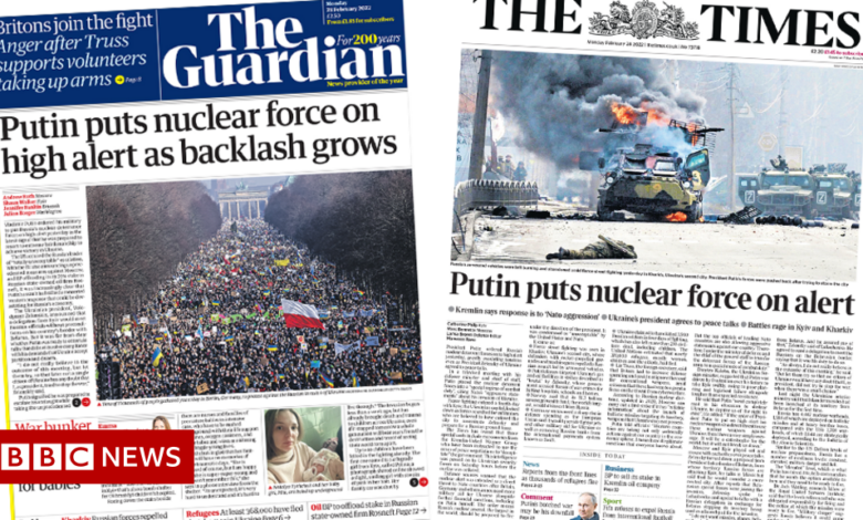Newspaper headline: Putin raises nuclear threat as backlash grows