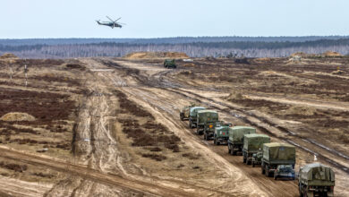 Russian and Belarusian troops take part in joint military drills in the Brest, Belarus, on February 19.