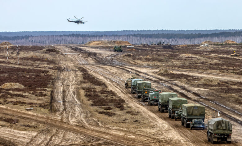 Russian and Belarusian troops take part in joint military drills in the Brest, Belarus, on February 19.