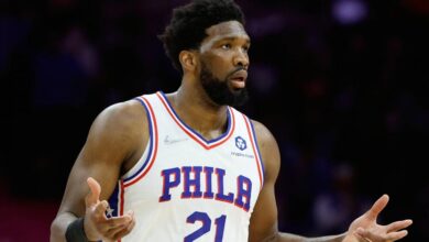 76ers' Joel Embiid hilariously fails at James Harden's impressions with a 3-point push back