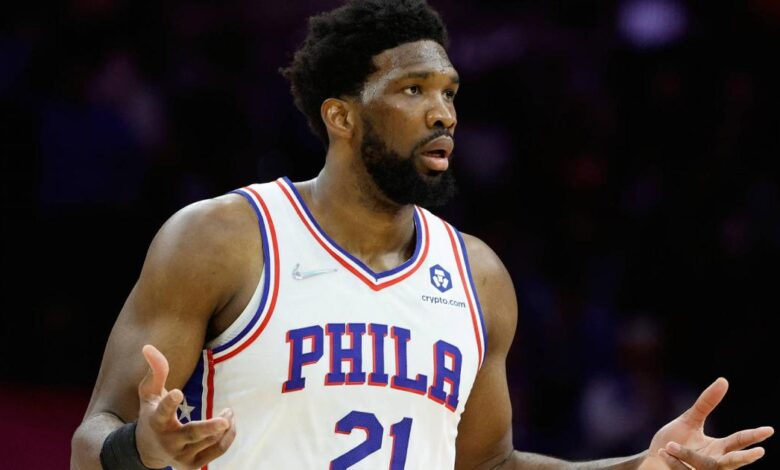 76ers' Joel Embiid hilariously fails at James Harden's impressions with a 3-point push back